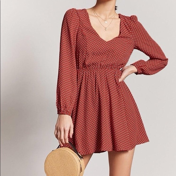 Forever 21 Dresses & Skirts - Forever 21 Women Size L  Mini Red Long-Sleeve Peephole Back  Dress Polka